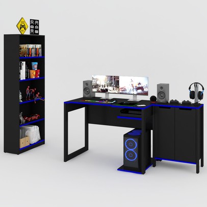 Quarto Gamer 3 Peças com 1 Mesa, 1 Estante para Livros e 1 Armário para Escritório Toronto Preto/Azul - Pnr Móveis