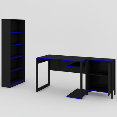 Quarto Gamer 3 Peças com 1 Mesa, 1 Estante para Livros e 1 Armário para Escritório Toronto Preto/Azul - Pnr Móveis