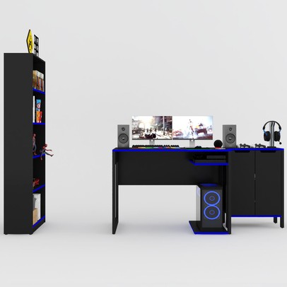 Quarto Gamer 3 Peças com 1 Mesa, 1 Estante para Livros e 1 Armário para Escritório Toronto Preto/Azul - Pnr Móveis