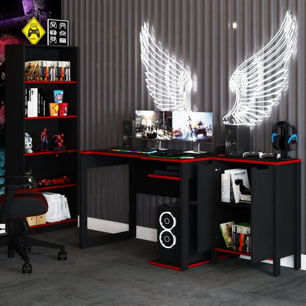 Quarto Gamer 3 Peças com 1 Mesa, 1 Estante para Livros e 1 Armário para Escritório Toronto Preto/Vermelho - Pnr Móveis