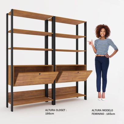 Closet Jade 2 Portas Basculantes 6 Prateleiras Pinho/Preto - Pnr Móveis