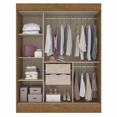 Guarda-Roupa Solteiro Marselha 3 Portas 2 Gavetas Off White/Nogueira - Doripel