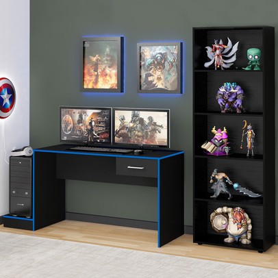 Quarto Gamer 2 Peças com 1 Mesa Gamer, 1 Estante Preto/Azul - Artely Móveis