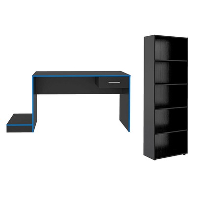 Quarto Gamer 2 Peças com 1 Mesa Gamer, 1 Estante Preto/Azul - Artely Móveis