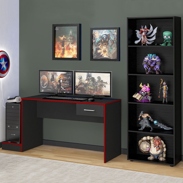 Quarto Gamer 2 Peças com 1 Mesa Gamer, 1 Estante Preto/Vermelho - Artely Móveis