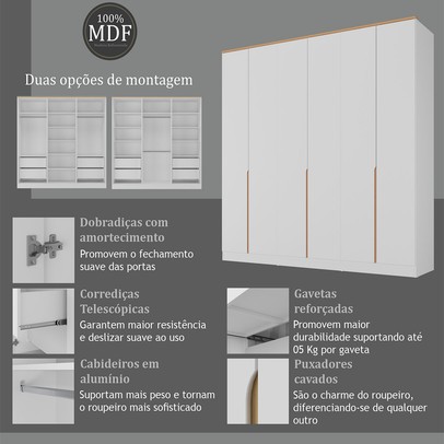 Guarda-Roupa Casal Logan 6 Portas 4 Gavetas 100% Mdf Branco/Olmo Italiano - Mambel