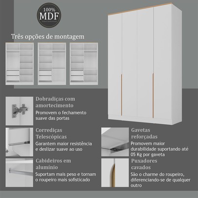 Guarda-Roupa Solteiro Logan 4 Portas 2 Gavetas 100% Mdf Branco/Olmo Italiano - Mambel