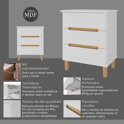 Mesa de Cabeceira 3 Gavetas Branco/Olmo Italiano - Manbel