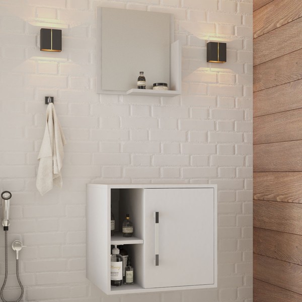 Armário de Banheiro 1 Porta 2 Prateleiras com Espelho Branco Chess 14699 - Compace