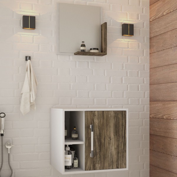 Armário de Banheiro 1 Porta 2 Prateleiras com Espelho Branco Chess/Carvalho Dark 14699 - Compace