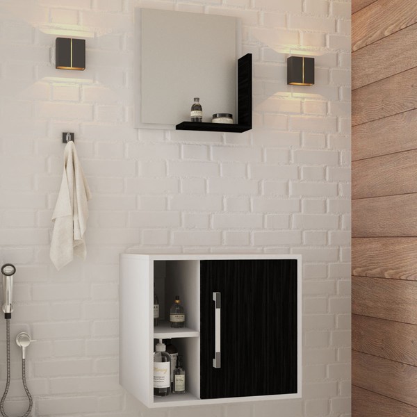 Armário de Banheiro 1 Porta 2 Prateleiras com Espelho Branco Chess/Preto ônix 14699 - Compace