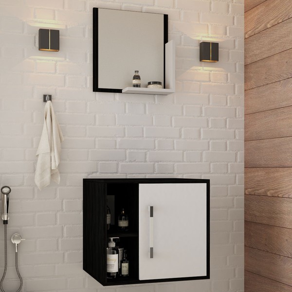 Armário de Banheiro 1 Porta 2 Prateleiras com Espelho Preto ônix/Branco Chess 14699 - Compace