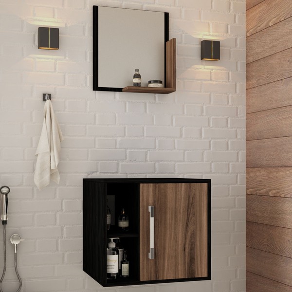 Armário de Banheiro 1 Porta 2 Prateleiras com Espelho Preto ônix/Nogal 14699 - Compace