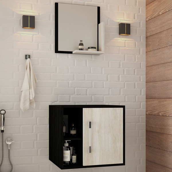 Armário de Banheiro 1 Porta 2 Prateleiras com Espelho Preto Onix/Snow 14699 - Compace