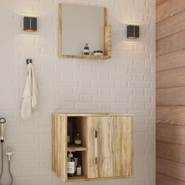 Armário de Banheiro 1 Porta 2 Prateleiras com Espelho Carvalho 14699 - Compace