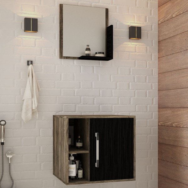 Armário de Banheiro 1 Porta 2 Prateleiras com Espelho Carvalho Dark/Preto ônix 14699 - Compace