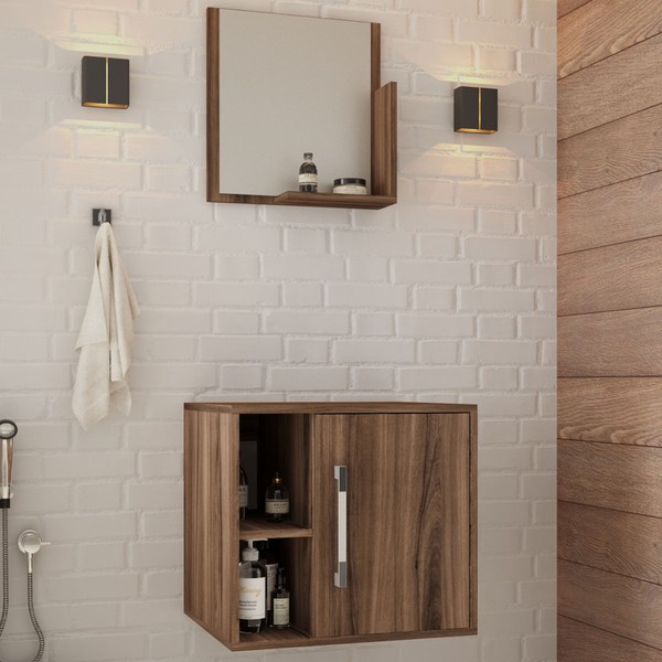 Armário de Banheiro 1 Porta 2 Prateleiras com Espelho Nogal 14699 - Compace