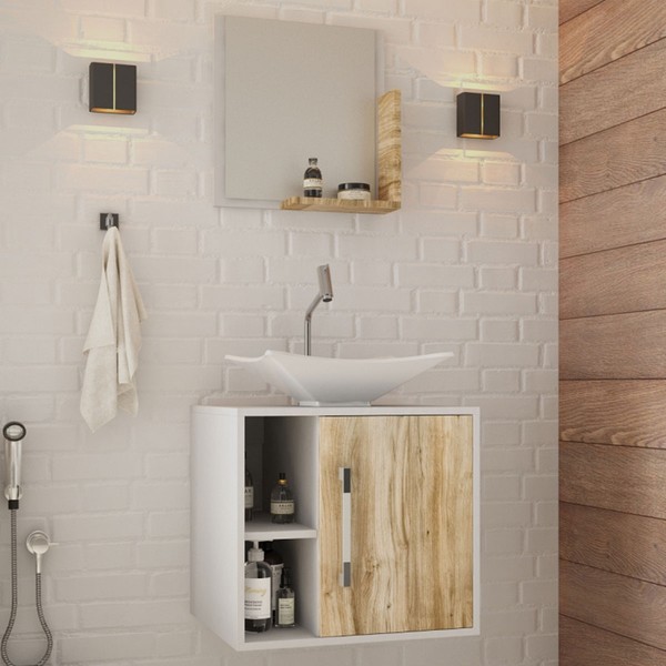 Armário de Banheiro com Cuba e Espelho Soft 1 Porta Branco Chess/Carvalho 13684 - Compace