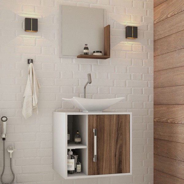 Armário de Banheiro com Cuba e Espelho Soft 1 Porta Branco Chess/Nogal 13684 - Compace