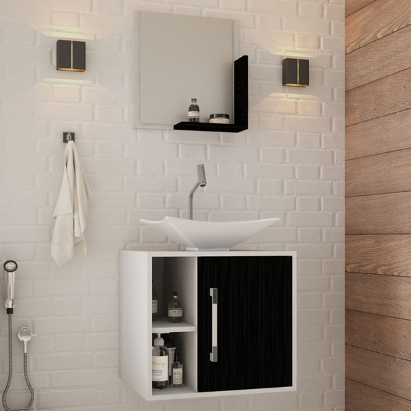 Armário de Banheiro com Cuba e Espelho Soft 1 Porta Branco Chess/Preto ônix 13684 - Compace