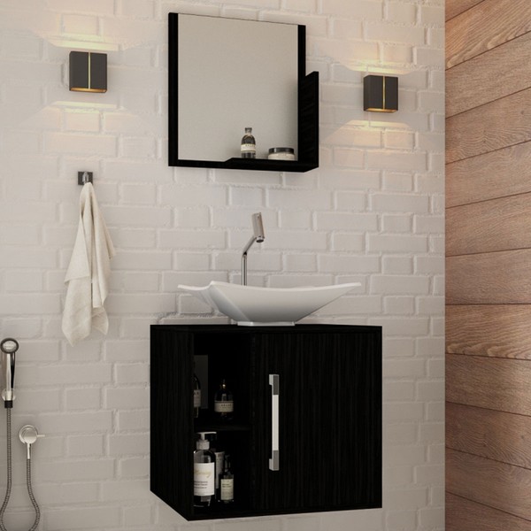 Armário de Banheiro com Cuba e Espelho Soft 1 Porta Preto ônix 13684 - Compace