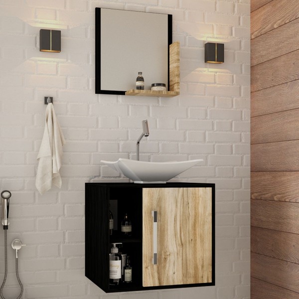 Armário de Banheiro com Cuba e Espelho Soft 1 Porta Preto ônix/Carvalho 13684 - Compace