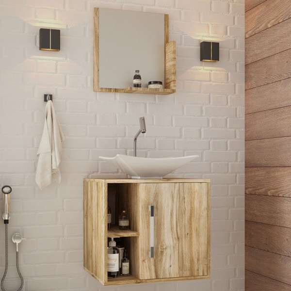 Armário de Banheiro com Cuba e Espelho Soft 1 Porta Carvalho 13684 - Compace