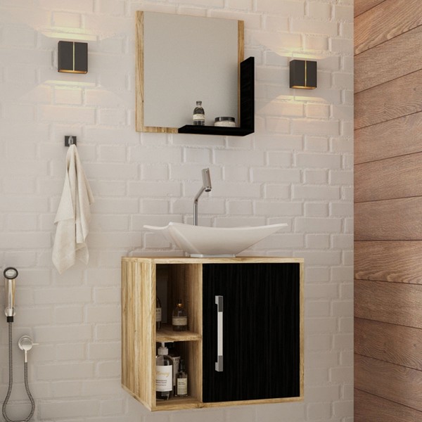 Armário de Banheiro com Cuba e Espelho Soft 1 Porta Carvalho/Preto ônix 13684 - Compace