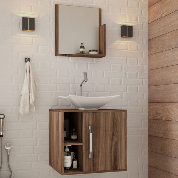 Armário de Banheiro com Cuba e Espelho Soft 1 Porta Nogal 13684 - Compace