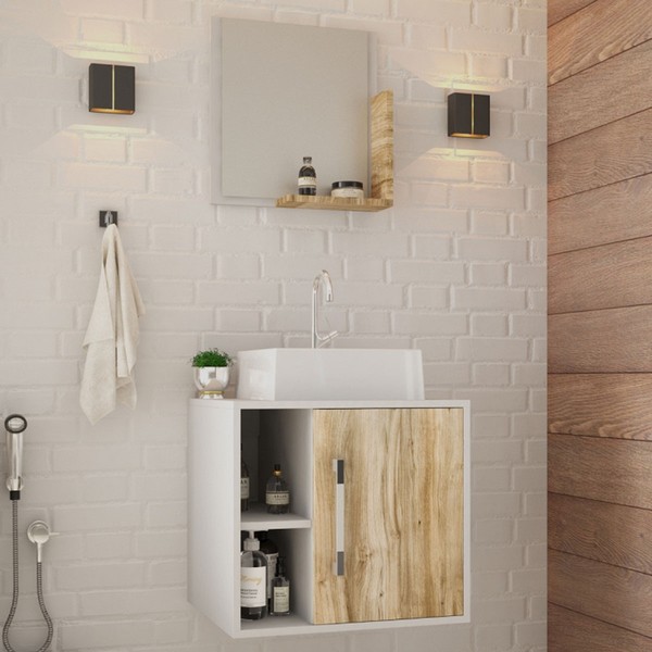 Armário de Banheiro com Cuba e Espelho Soft 1 Porta 2 Prateleiras Branco Chess/Carvalho 13685 - Compace