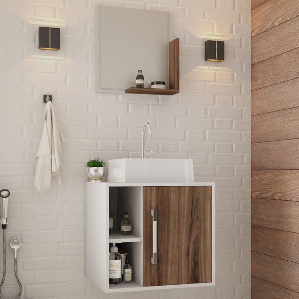 Armário de Banheiro com Cuba e Espelho Soft 1 Porta 2 Prateleiras Branco Chess/Nogal 13685 - Compace