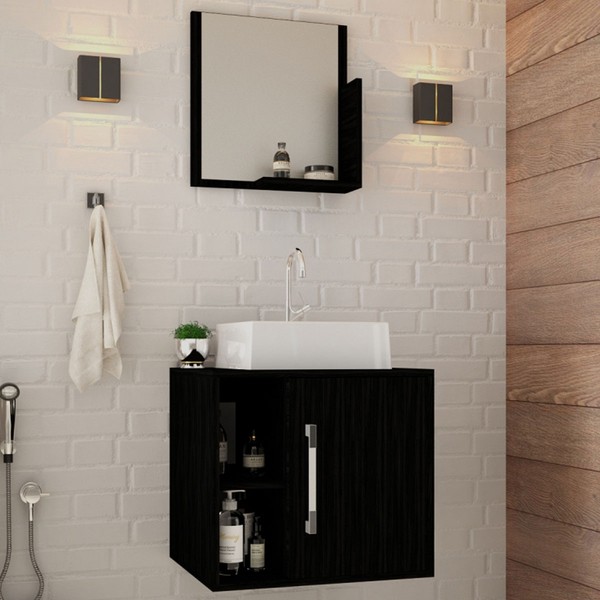 Armário de Banheiro com Cuba e Espelho Soft 1 Porta 2 Prateleiras Preto ônix 13685 - Compace