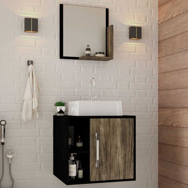 Armário de Banheiro com Cuba e Espelho Soft 1 Porta 2 Prateleiras Preto ônix/Carvalho Dark 13685 - Compace