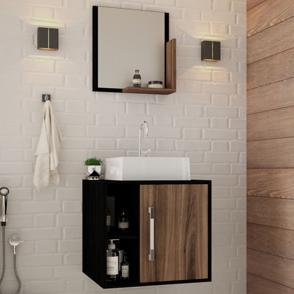 Armário de Banheiro com Cuba e Espelho Soft 1 Porta 2 Prateleiras Preto ônix/Nogal 13685 - Compace