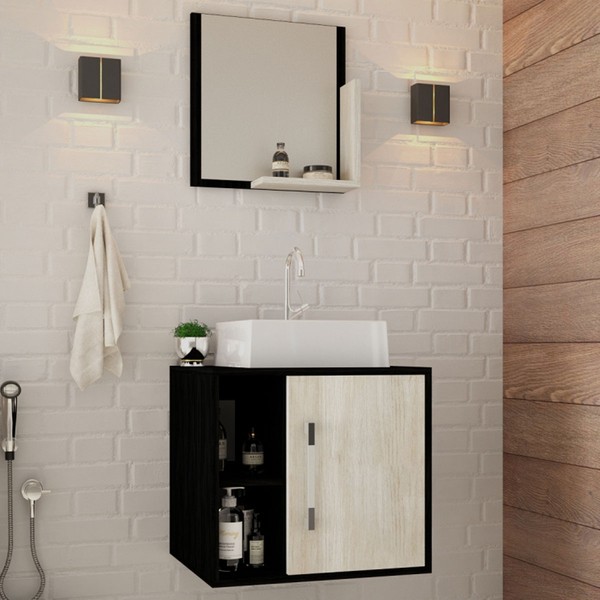 Armário de Banheiro com Cuba e Espelho Soft 1 Porta 2 Prateleiras Preto Onix/Snow 13685 - Compace