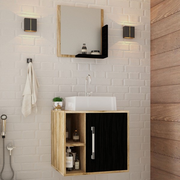 Armário de Banheiro com Cuba e Espelho Soft 1 Porta 2 Prateleiras Carvalho/Preto ônix 13685 - Compace