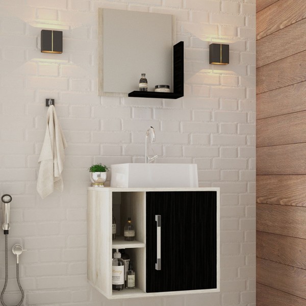 Armário de Banheiro com Cuba e Espelho Soft 1 Porta 2 Prateleiras Snow/Preto ônix 13685 - Compace