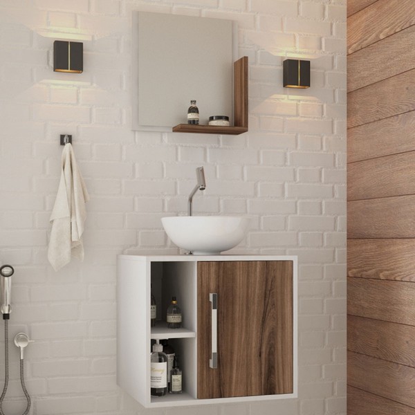 Armário de Banheiro com Cuba e Espelho Soft 1 Porta 2 Prateleiras Branco Chess/Nogal 13686 - Compace