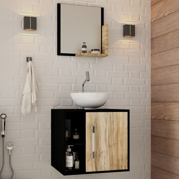 Armário de Banheiro com Cuba e Espelho Soft 1 Porta 2 Prateleiras Preto ônix/Carvalho 13686 - Compace