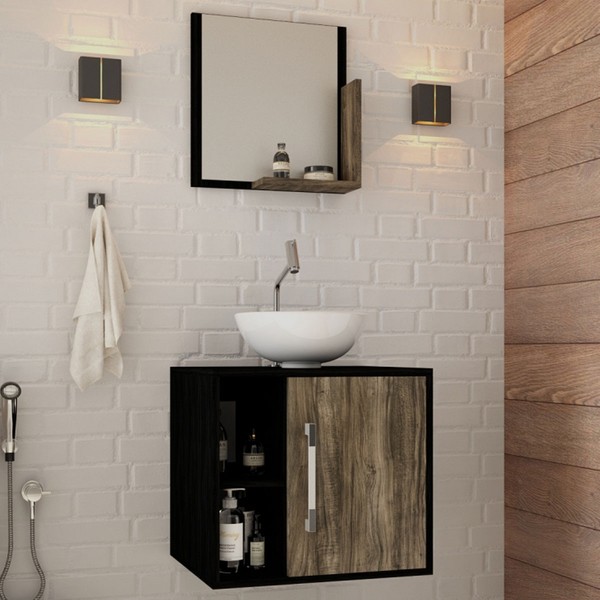 Armário de Banheiro com Cuba e Espelho Soft 1 Porta 2 Prateleiras Preto ônix/Carvalho Dark 13686 - Compace