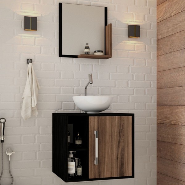 Armário de Banheiro com Cuba e Espelho Soft 1 Porta 2 Prateleiras Preto ônix/Nogal 13686 - Compace
