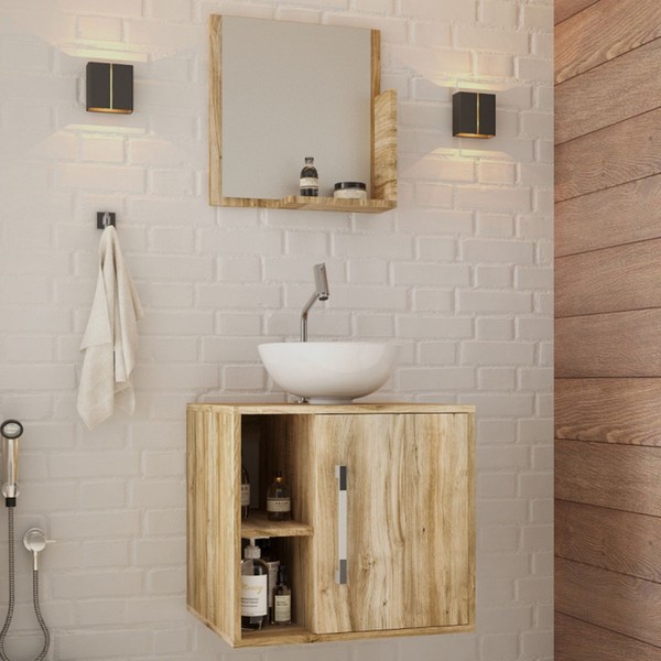 Armário de Banheiro com Cuba e Espelho Soft 1 Porta 2 Prateleiras Carvalho 13686 - Compace