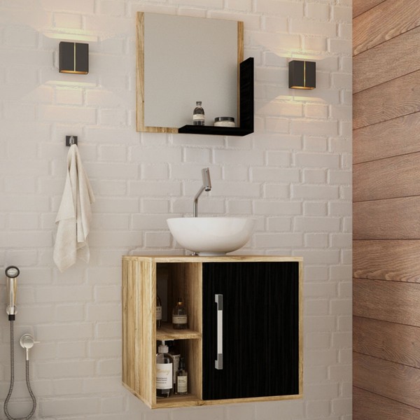 Armário de Banheiro com Cuba e Espelho Soft 1 Porta 2 Prateleiras Carvalho/Preto ônix 13686 - Compace