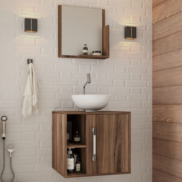 Armário de Banheiro com Cuba e Espelho Soft 1 Porta 2 Prateleiras Nogal 13686 - Compace