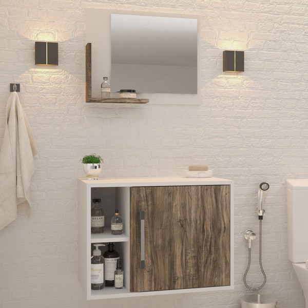 Armário de Banheiro 1 Porta 2 Prateleiras com Espelho Branco Chess/Carvalho Dark 14700 - Compace