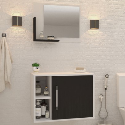 Armário de Banheiro 1 Porta 2 Prateleiras com Espelho Branco Chess/Preto ônix 14700 - Compace