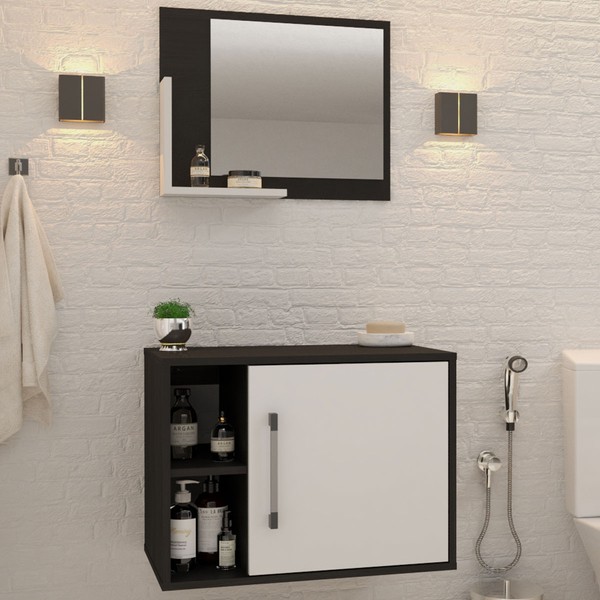 Armário de Banheiro 1 Porta 2 Prateleiras com Espelho Preto ônix/Branco Chess 14700 - Compace