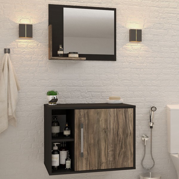 Armário de Banheiro 1 Porta 2 Prateleiras com Espelho Preto ônix/Carvalho Dark 14700 - Compace