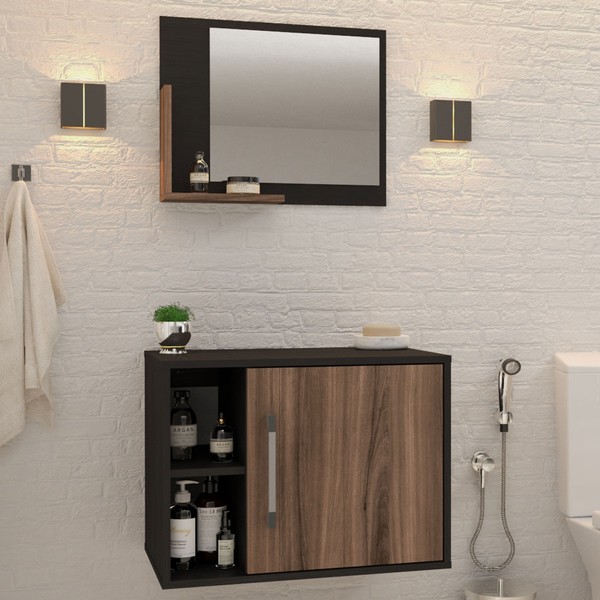 Armário de Banheiro 1 Porta 2 Prateleiras com Espelho Preto ônix/Nogal 14700 - Compace