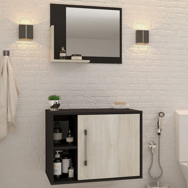 Armário de Banheiro 1 Porta 2 Prateleiras com Espelho Preto Onix/Snow 14700 - Compace